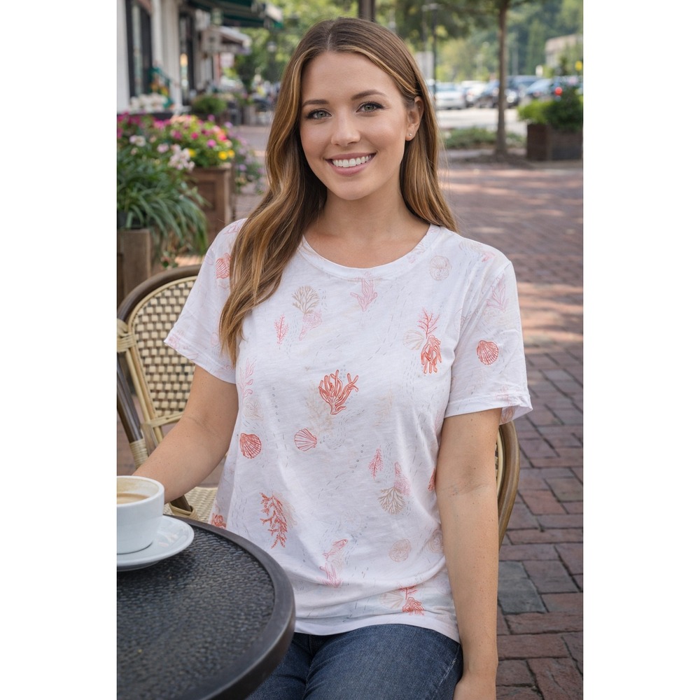 Loft Outlet T-Shirt Women L Large White Coral Seashell‎ Cotton Short Sleeve